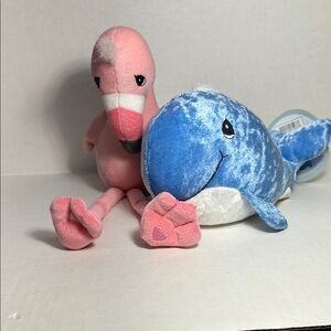 Precious Moments Pink Flamingo and Blue Whale Plush Set